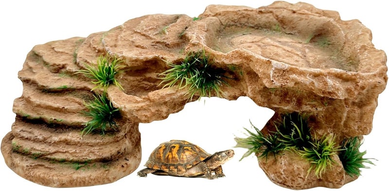 M2cbridge Reptile Hide Resting Step Ledge Cave Hideout Turtle Basking Platform – Great for Reptiles, Amphibians, and Fish (Sandy Brown) - Image 1